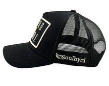 Load image into Gallery viewer, Soulbyrd Black Gold Retrograde Trucker Hat
